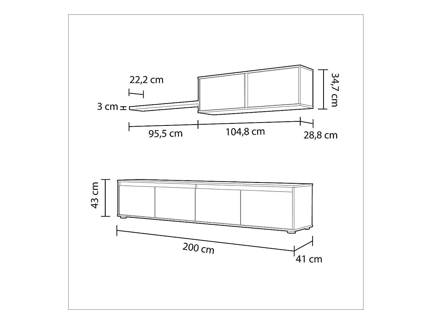 Parete Attrezzata Da Soggiorno Mobile TV 4 ante Pensile Con Pistoni A Gas E Mensola Sospesa Design Moderno Salvaspazio Salotto 200 x 43 x 41 Cm Bianco Lucido Rovere