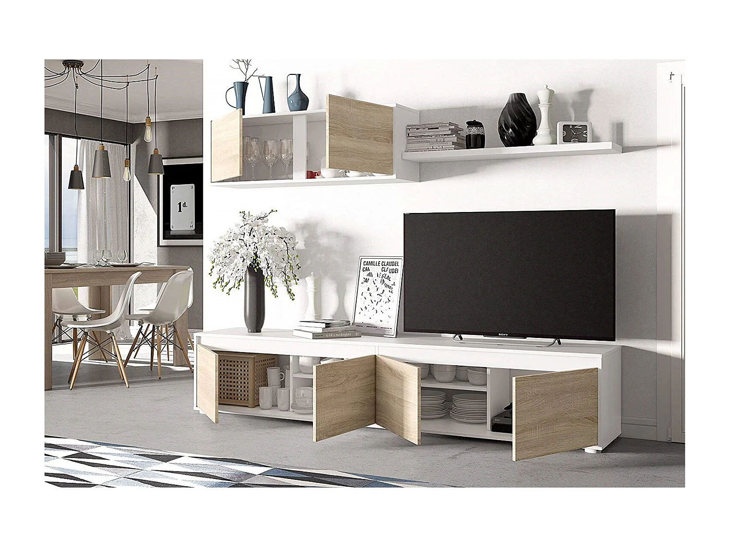 Parete Attrezzata Da Soggiorno Mobile TV 4 ante Pensile Con Pistoni A Gas E Mensola Sospesa Design Moderno Salvaspazio Salotto 200 x 43 x 41 Cm Bianco Lucido Rovere
