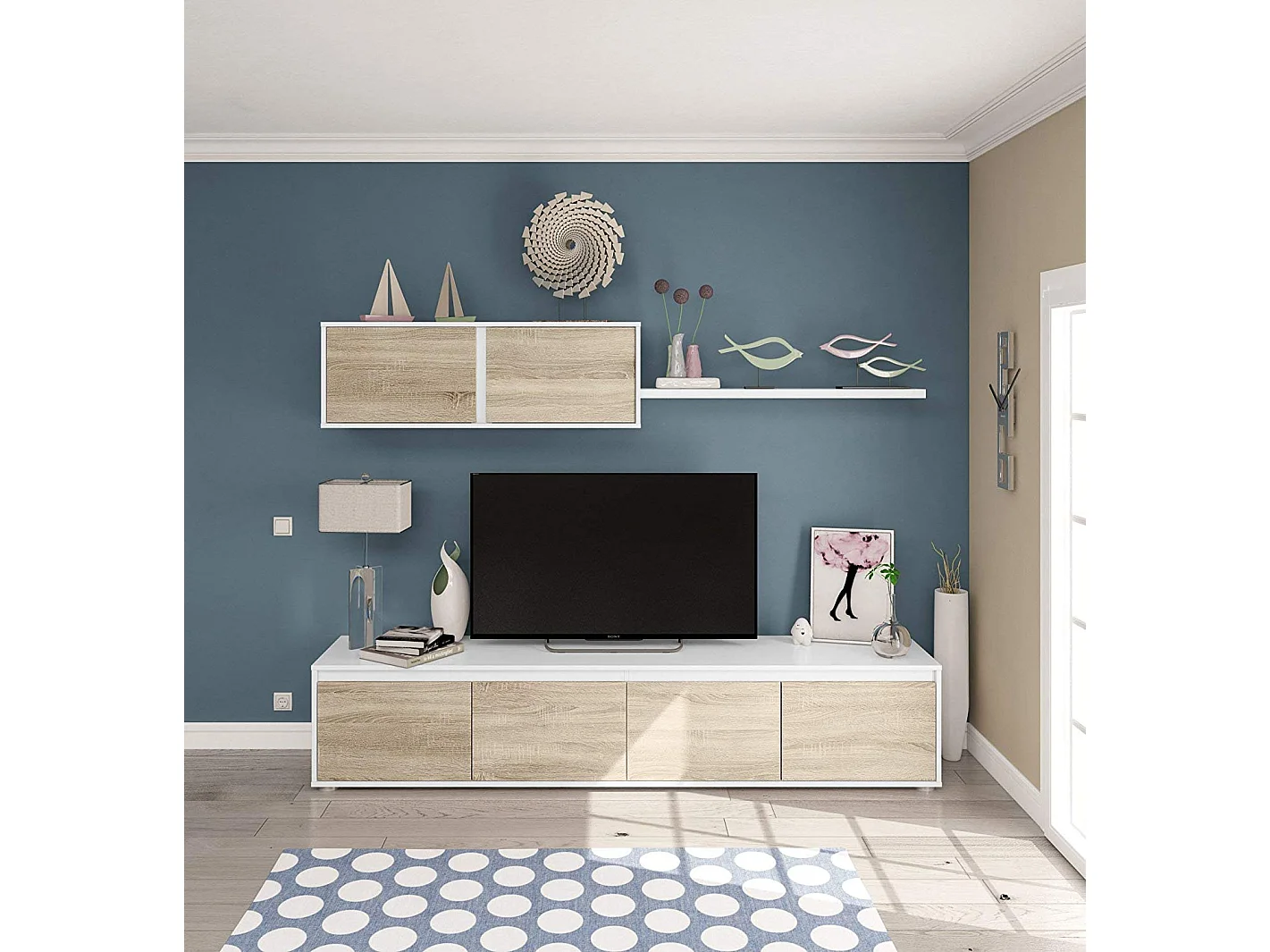 Parete Attrezzata Da Soggiorno Mobile TV 4 ante Pensile Con Pistoni A Gas E Mensola Sospesa Design Moderno Salvaspazio Salotto 200 x 43 x 41 Cm Bianco Lucido Rovere