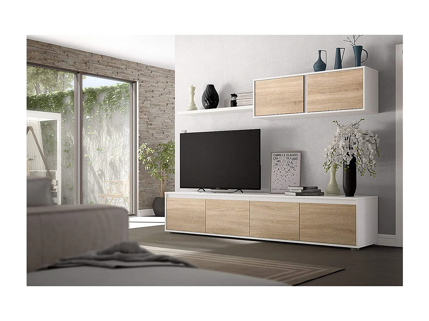 Parete Attrezzata Da Soggiorno Mobile TV 4 ante Pensile Con Pistoni A Gas E Mensola Sospesa Design Moderno Salvaspazio Salotto 200 x 43 x 41 Cm Bianco Lucido Rovere