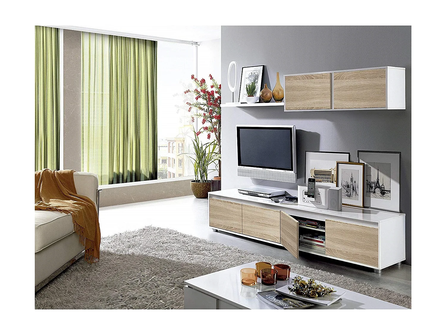 Parete Attrezzata Da Soggiorno Mobile TV 4 ante Pensile Con Pistoni A Gas E Mensola Sospesa Design Moderno Salvaspazio Salotto 200 x 43 x 41 Cm Bianco Lucido Rovere