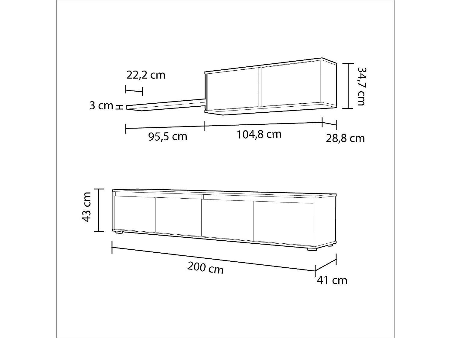 Parete Attrezzata Da Soggiorno Mobile TV 4 ante Pensile Con Pistoni A Gas E Mensola Sospesa Design Moderno Salvaspazio Salotto 200 x 43 x 41 Cm Bianco Lucido Rovere