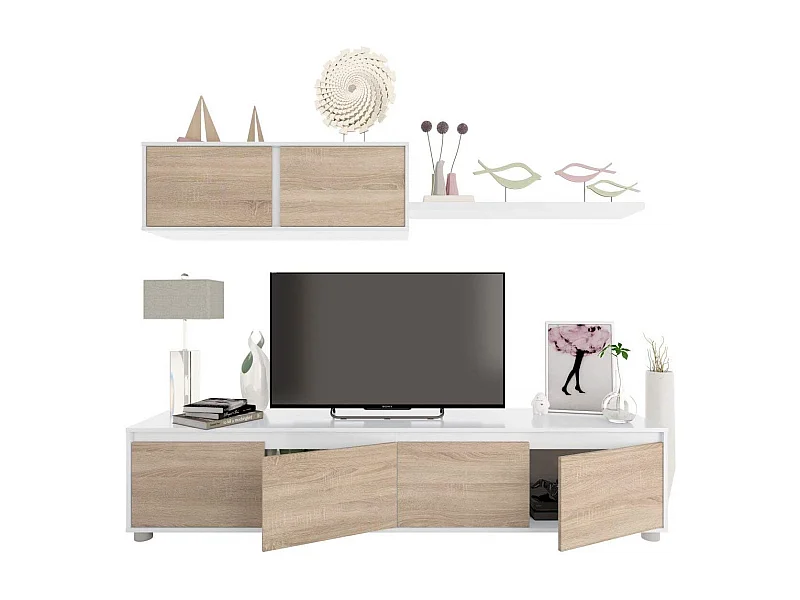 Parete Attrezzata Da Soggiorno Mobile TV 4 ante Pensile Con Pistoni A Gas E Mensola Sospesa Design Moderno Salvaspazio Salotto 200 x 43 x 41 Cm Bianco Lucido Rovere