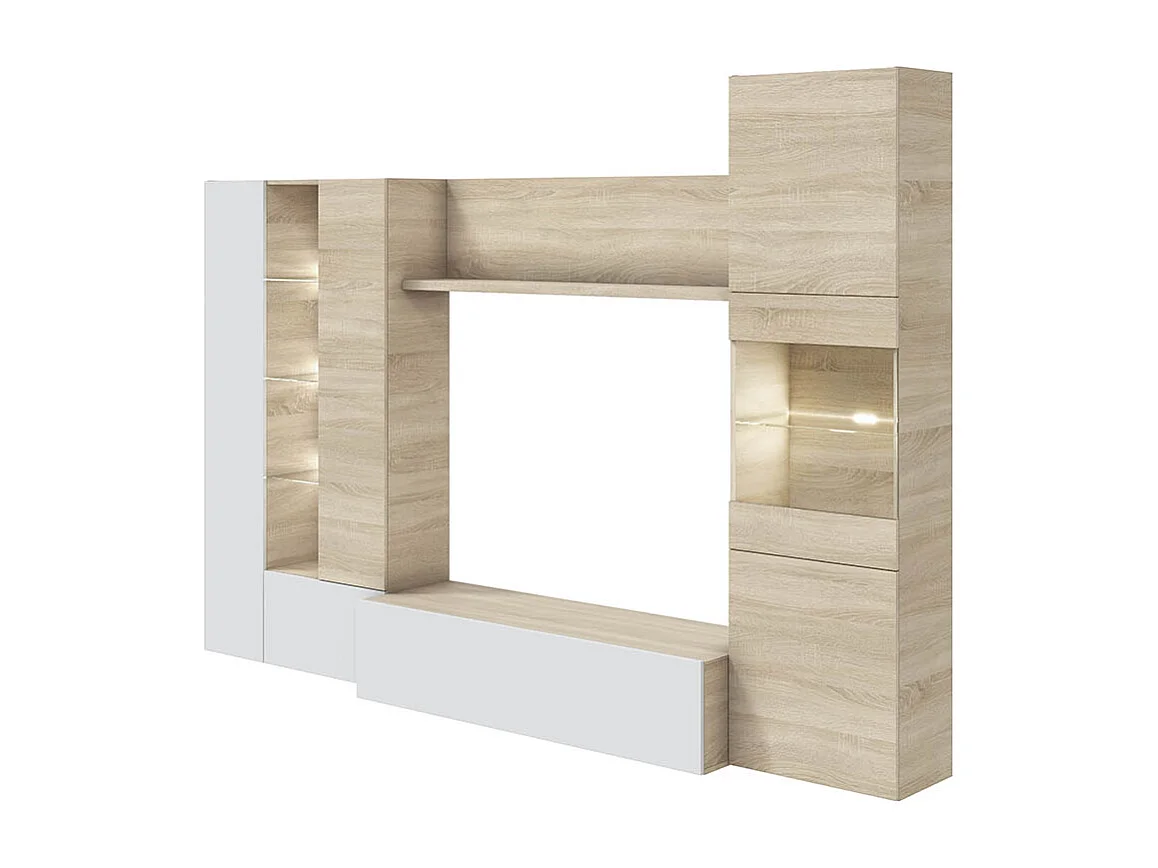 Parete Attrezzata Mobile Soggiorno TV Salotto Base Televisione Con Scaffali Illuminati LED Sala Pranzo Design Moderno 260x185x42 cm Bianco Rovere