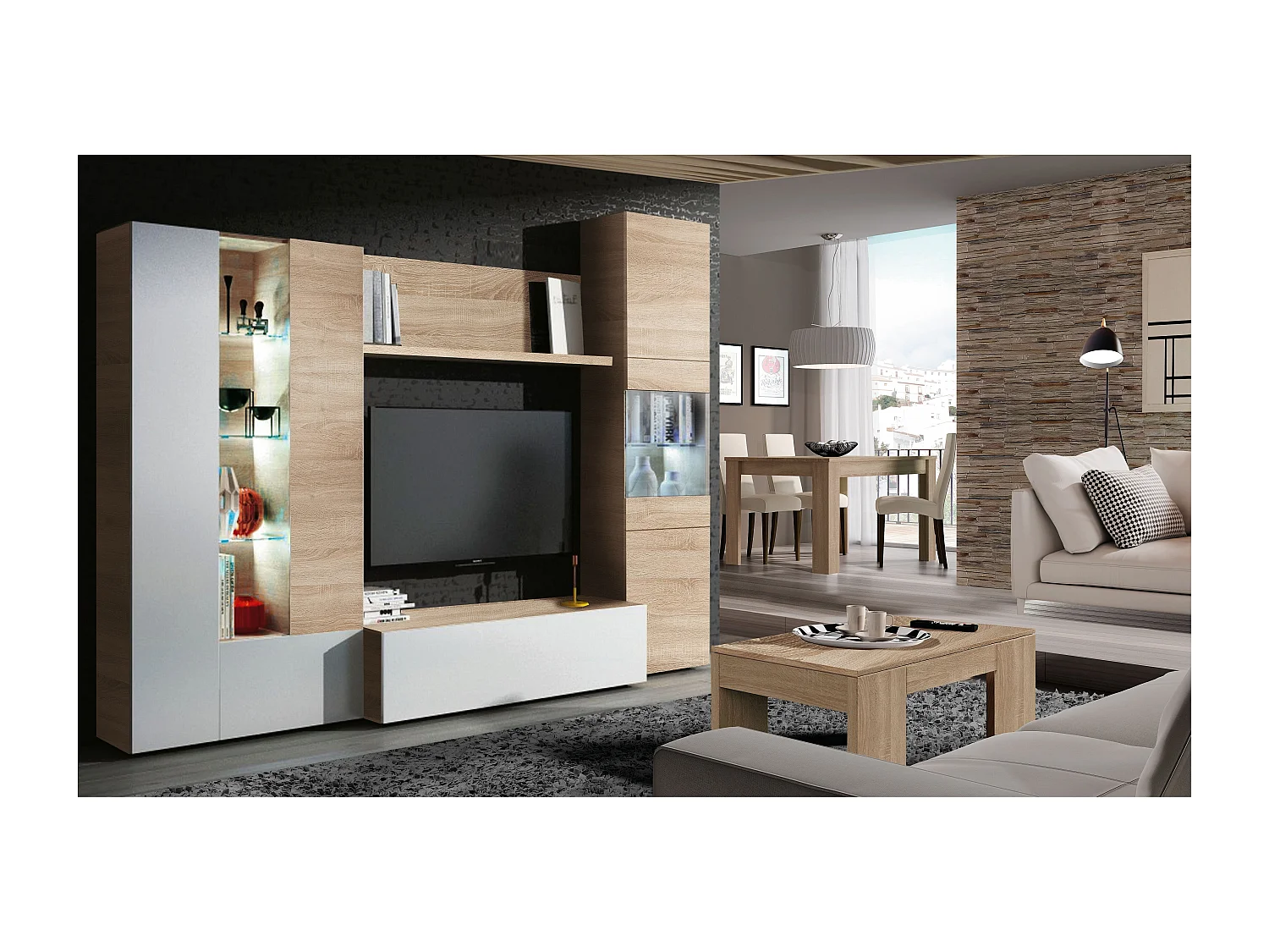 Parete Attrezzata Mobile Soggiorno TV Salotto Base Televisione Con Scaffali Illuminati LED Sala Pranzo Design Moderno 260x185x42 cm Bianco Rovere