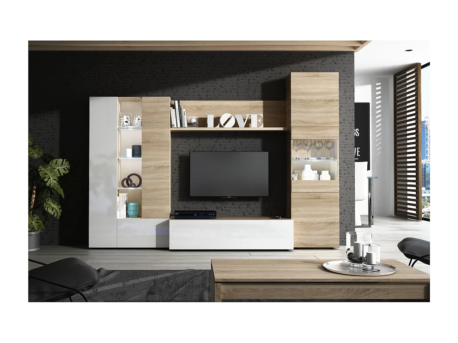 Parete Attrezzata Mobile Soggiorno TV Salotto Base Televisione Con Scaffali Illuminati LED Sala Pranzo Design Moderno 260x185x42 cm Bianco Rovere