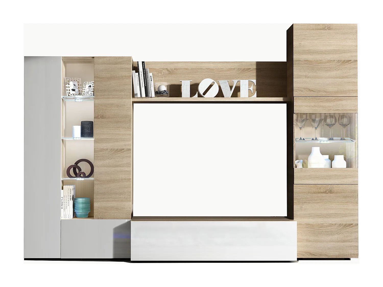 Parete Attrezzata Mobile Soggiorno TV Salotto Base Televisione Con Scaffali Illuminati LED Sala Pranzo Design Moderno 260x185x42 cm Bianco Rovere