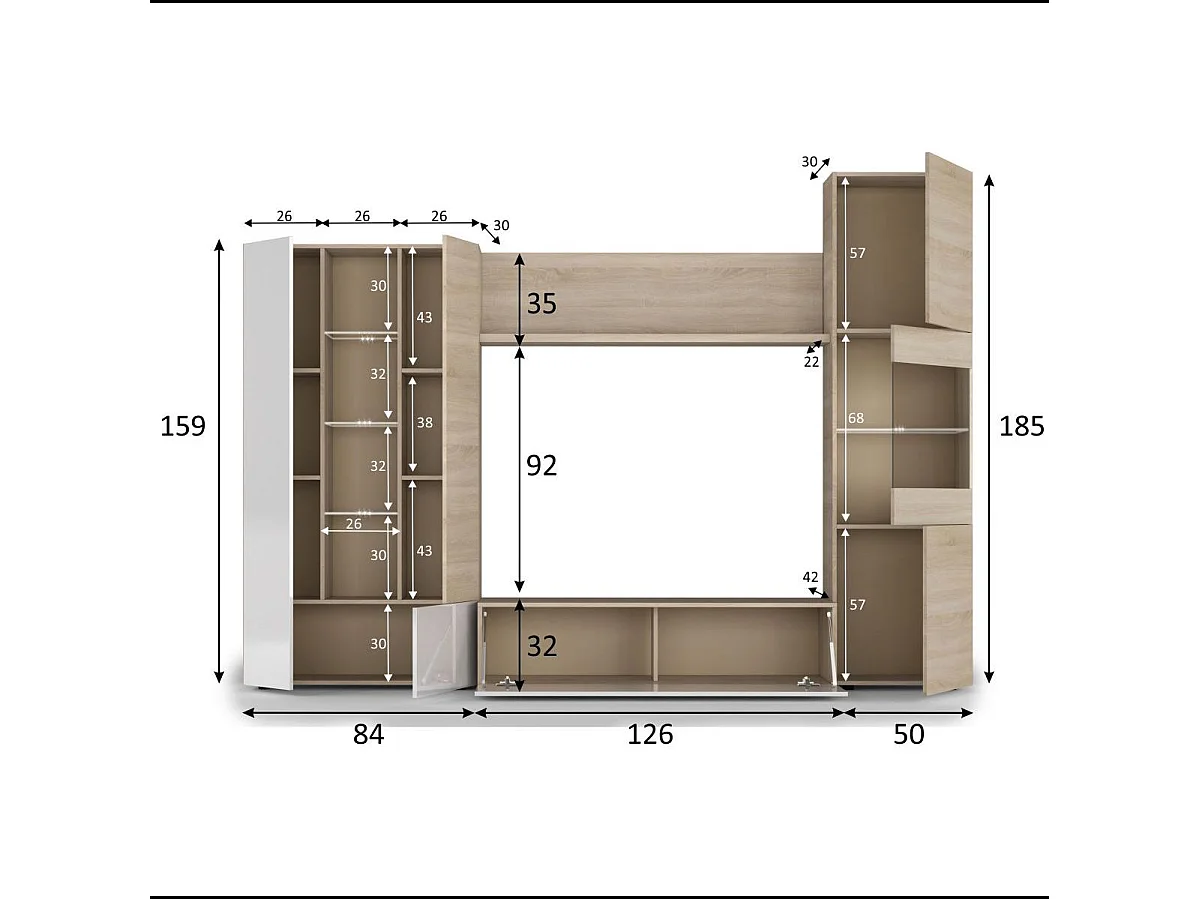 Parete Attrezzata Mobile Soggiorno TV Salotto Base Televisione Con Scaffali Illuminati LED Sala Pranzo Design Moderno 260x185x42 cm Bianco Rovere