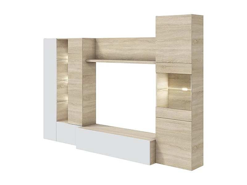 Parete Attrezzata Mobile Soggiorno TV Salotto Base Televisione Con Scaffali Illuminati LED Sala Pranzo Design Moderno 260x185x42 cm Bianco Rovere