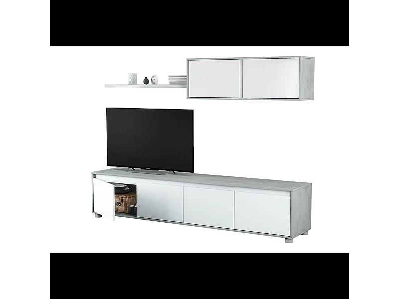 Parete Attrezzata Ginevra Mobile Soggiorno TV con Mensole Salotto Legno Base Televisione Sala da Pranzo Design Moderno 200 x 41 x 43 cm Colore Bianco e Cemento