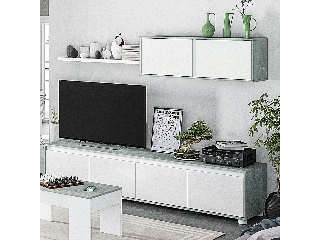 Parete Attrezzata Ginevra Mobile Soggiorno TV con Mensole Salotto Legno Base Televisione Sala da Pranzo Design Moderno 200 x 41 x 43 cm Colore Bianco e Cemento