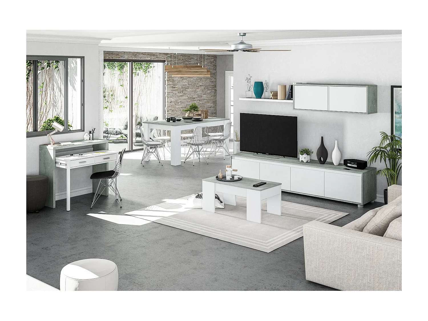 Parete Attrezzata Ginevra Mobile Soggiorno TV con Mensole Salotto Legno Base Televisione Sala da Pranzo Design Moderno 200 x 41 x 43 cm Colore Bianco e Cemento
