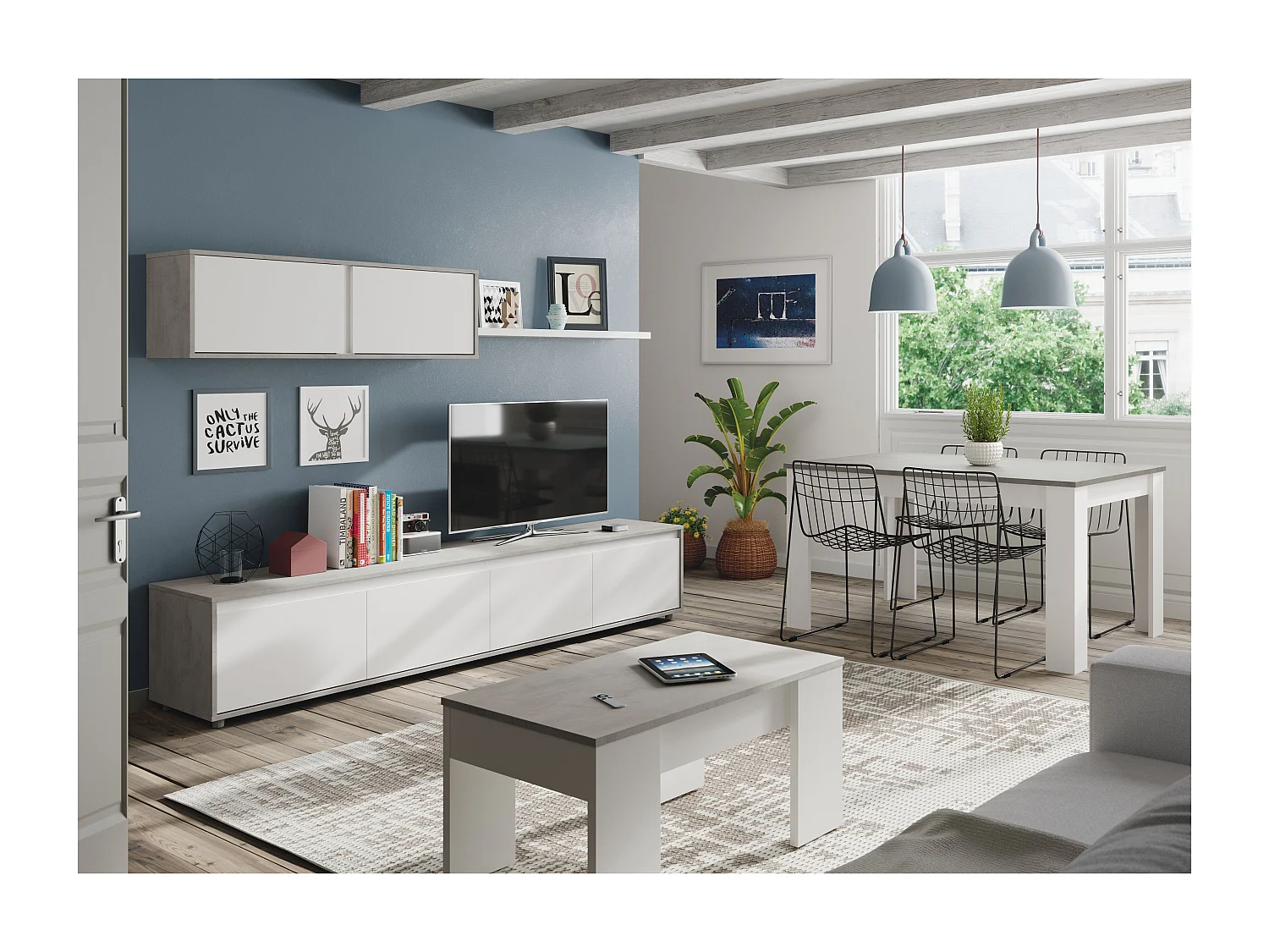 Parete Attrezzata Ginevra Mobile Soggiorno TV con Mensole Salotto Legno Base Televisione Sala da Pranzo Design Moderno 200 x 41 x 43 cm Colore Bianco e Cemento