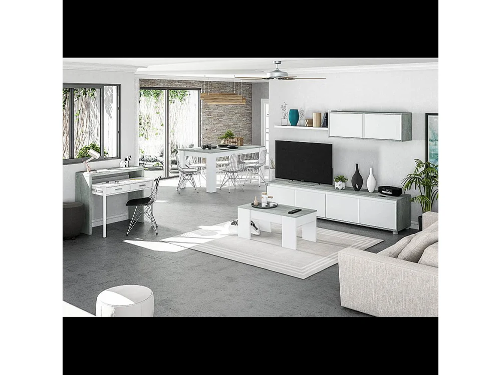 Parete Attrezzata Ginevra Mobile Soggiorno TV con Mensole Salotto Legno Base Televisione Sala da Pranzo Design Moderno 200 x 41 x 43 cm Colore Bianco e Cemento