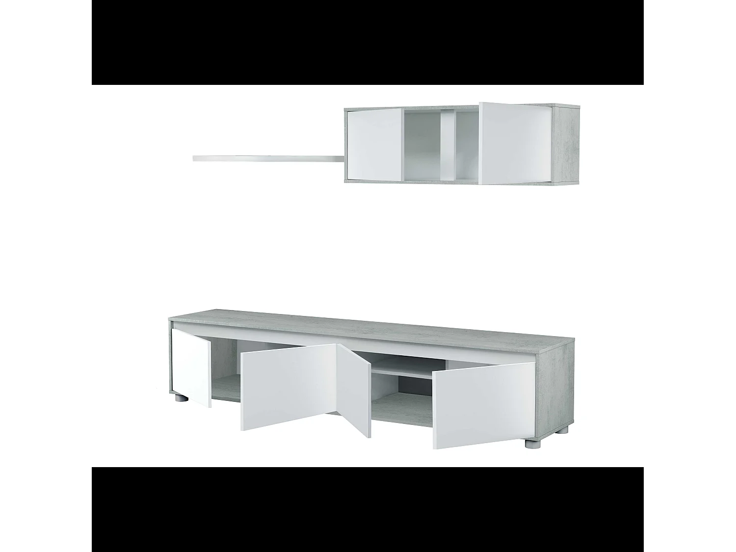 Parete Attrezzata Ginevra Mobile Soggiorno TV con Mensole Salotto Legno Base Televisione Sala da Pranzo Design Moderno 200 x 41 x 43 cm Colore Bianco e Cemento