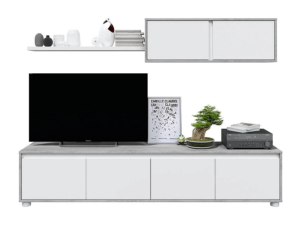 Parete Attrezzata Ginevra Mobile Soggiorno TV con Mensole Salotto Legno Base Televisione Sala da Pranzo Design Moderno 200 x 41 x 43 cm Colore Bianco e Cemento