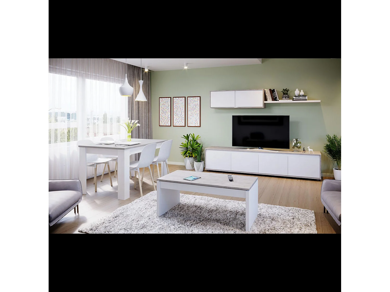 Parete Attrezzata Ginevra Mobile Soggiorno TV con Mensole Salotto Legno Base Televisione Sala da Pranzo Design Moderno 200 x 41 x 43 cm Colore Bianco e Cemento