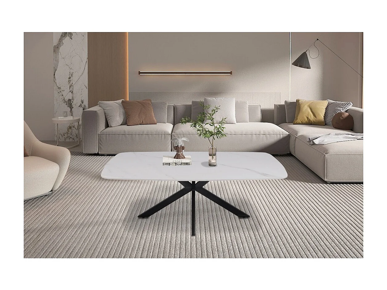 Table basse ARVENA – Table basse rectangulaire 130x70 cm – Pierre blanche & métal – Design moderne haut de gamme