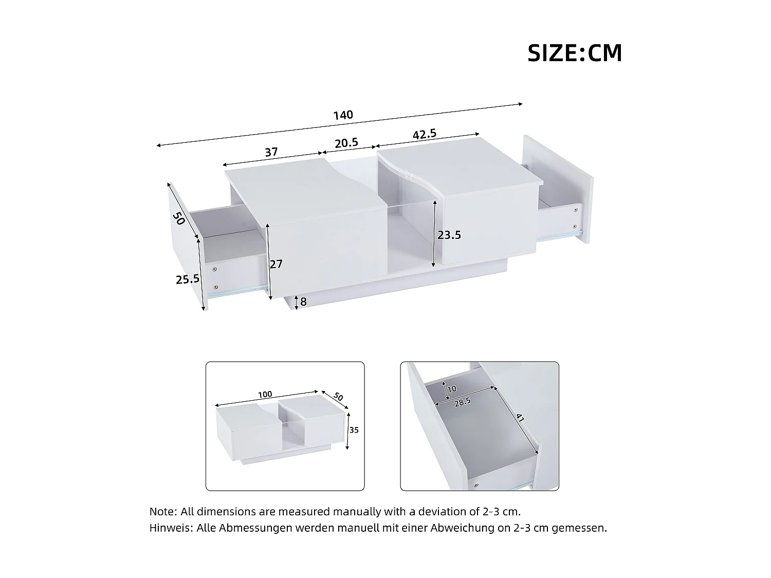 Salontafel met 2 lades en LED, in MDF en acryl, in hoogglans witte lak