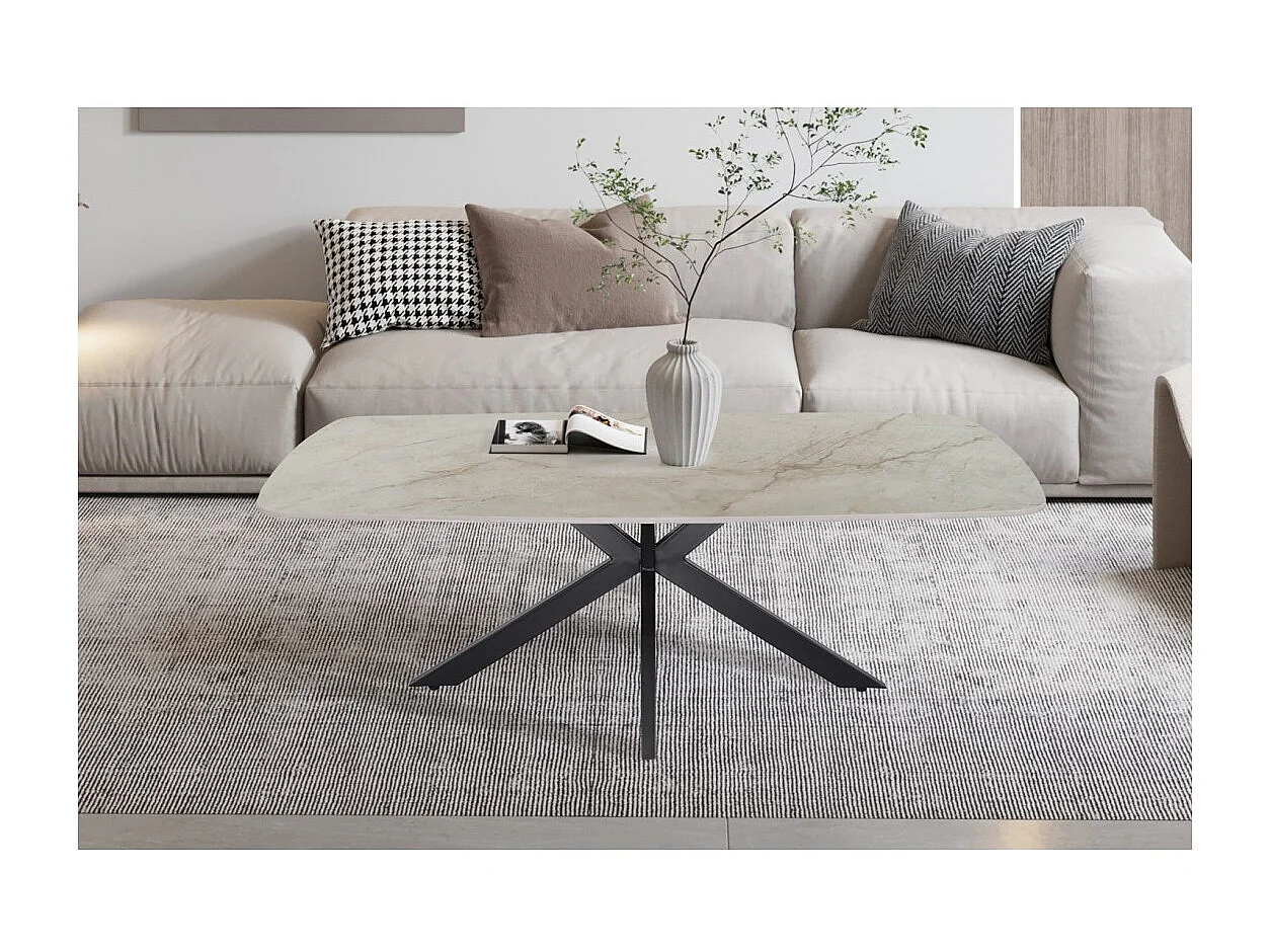 Table basse ARVENA – Table basse rectangulaire 130x70 cm – Marbre beige & métal – Design haut de gamme et raffiné