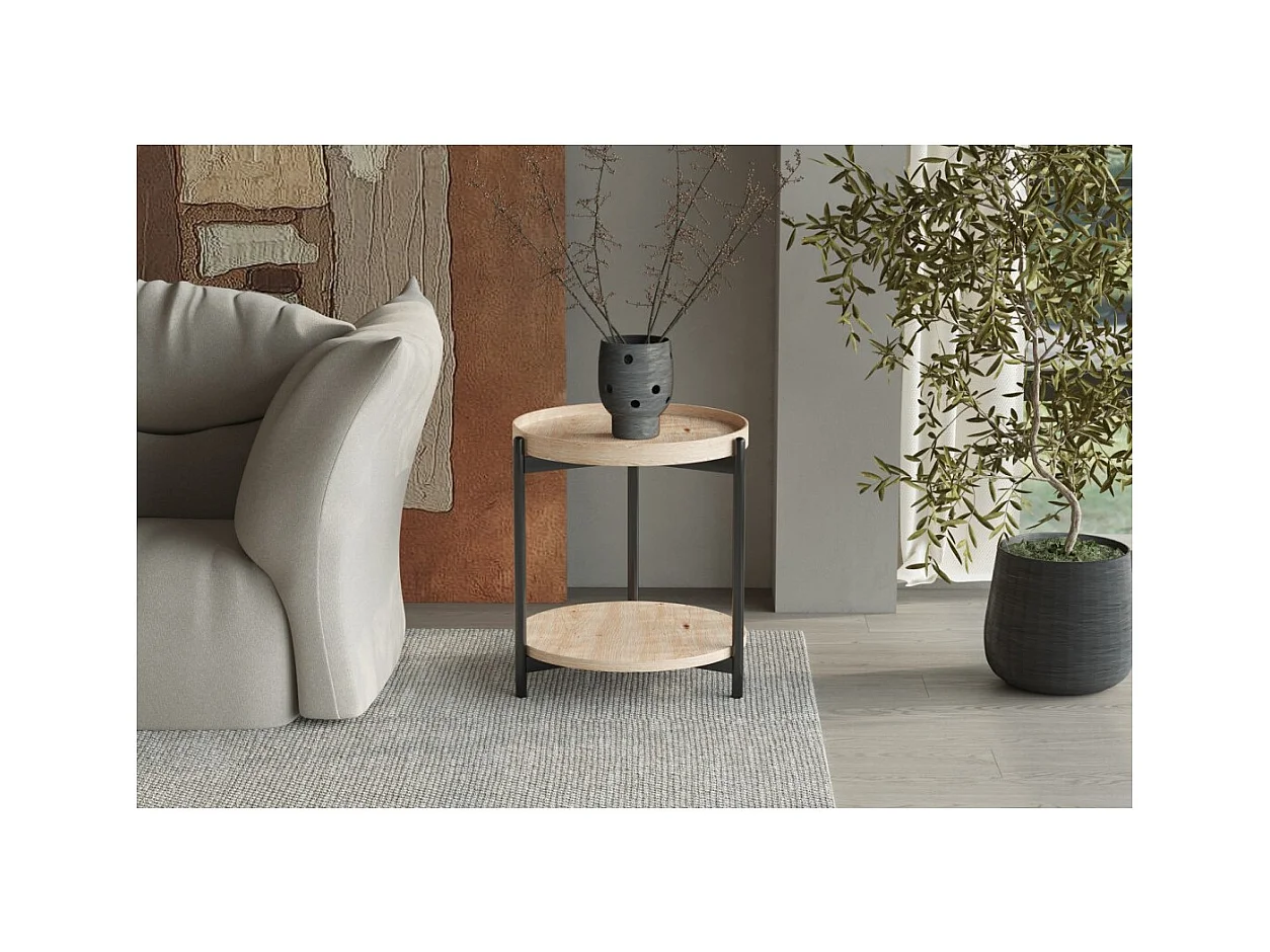 Mesa baja NORWYN – Color roble envejecido – Mesa baja redonda Ø45 cm – MDF – Diseño compacto y original