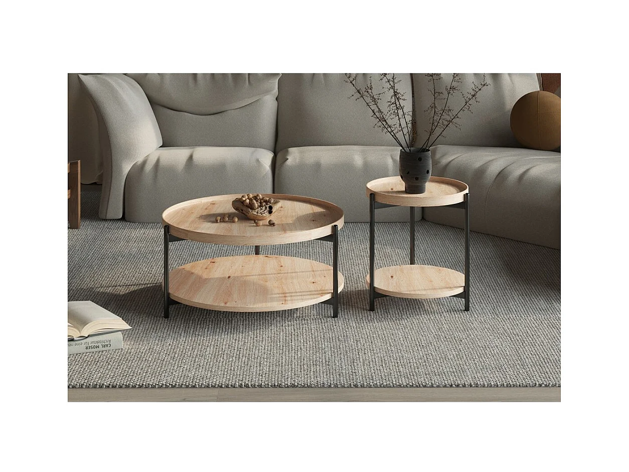 Mesa baja NORWYN – Color roble envejecido – Mesa baja redonda Ø45 cm – MDF – Diseño compacto y original