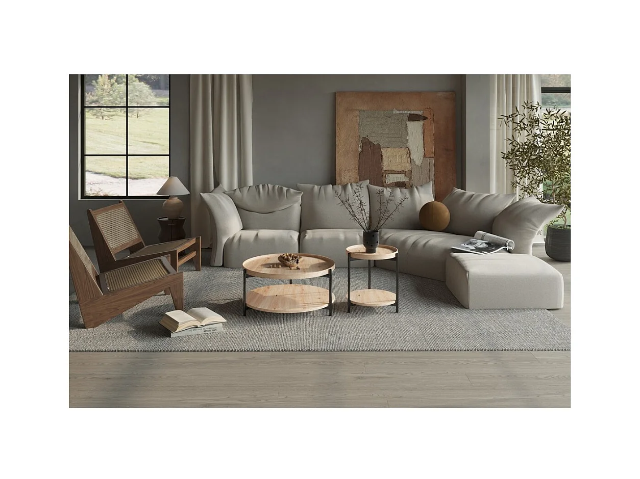 Mesa baja NORWYN – Color roble envejecido – Mesa baja redonda Ø45 cm – MDF – Diseño compacto y original