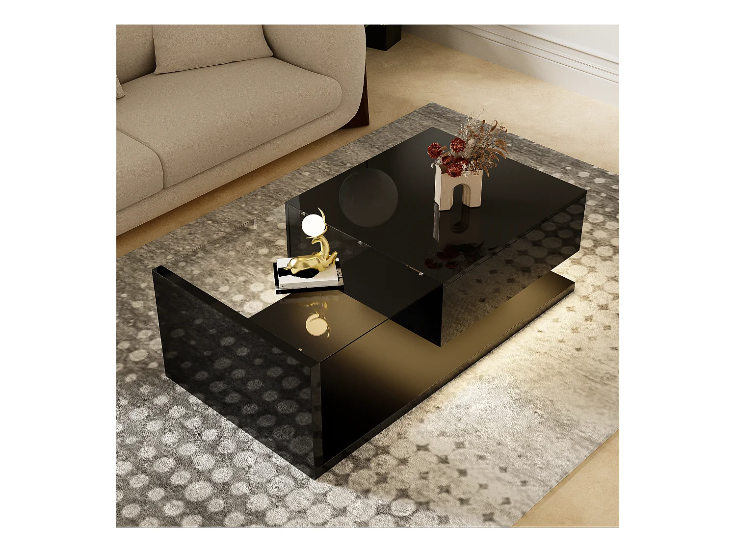 Table basse avec 1 tiroir, plateau en verre trempé, LED inclus, corps en noir laqué brillant