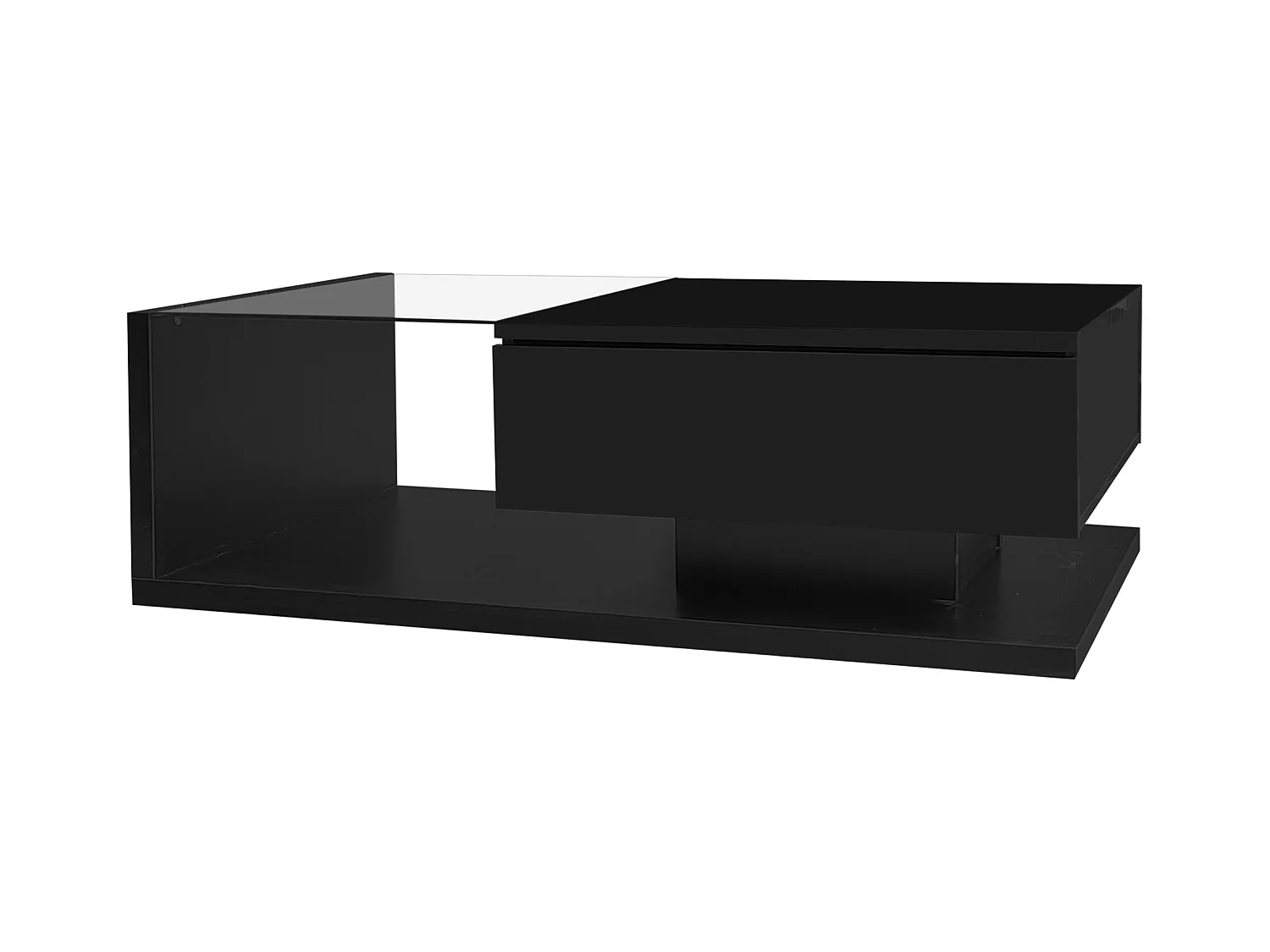 Table basse avec 1 tiroir, plateau en verre trempé, LED inclus, corps en noir laqué brillant