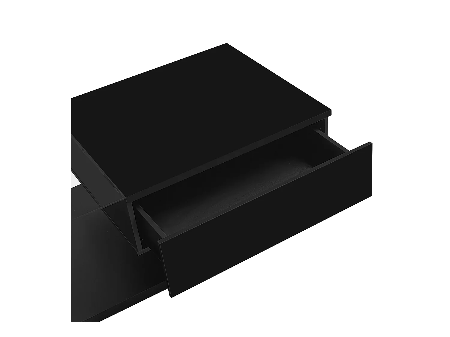 Table basse avec 1 tiroir, plateau en verre trempé, LED inclus, corps en noir laqué brillant