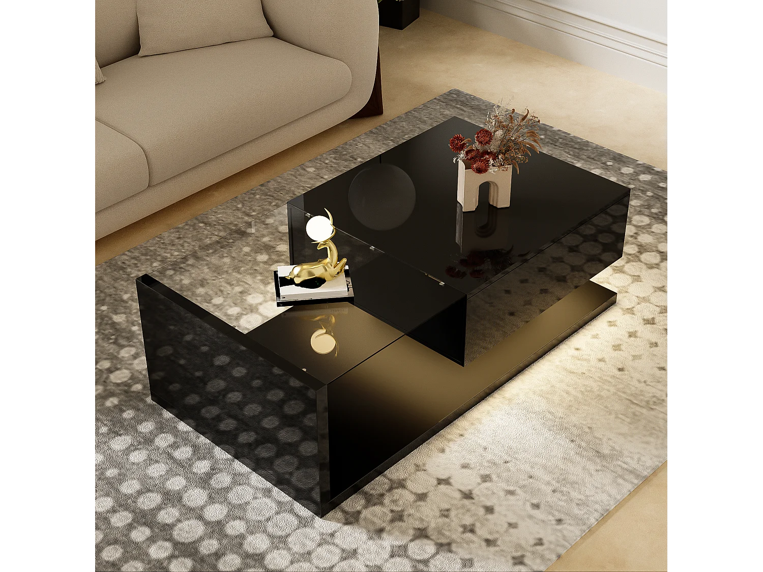 Table basse avec 1 tiroir, plateau en verre trempé, LED inclus, corps en noir laqué brillant