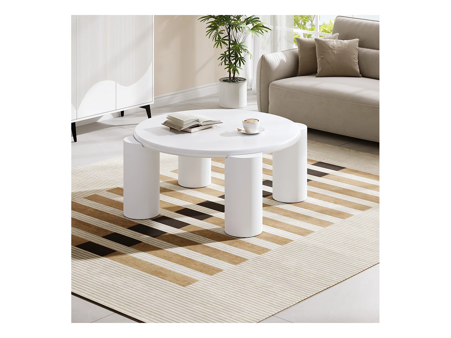 Table basse ronde 70x70x41cm - Table basse blanche avec plateau en MDF et 4 pieds de support - convient pour salon, chambre, balcon