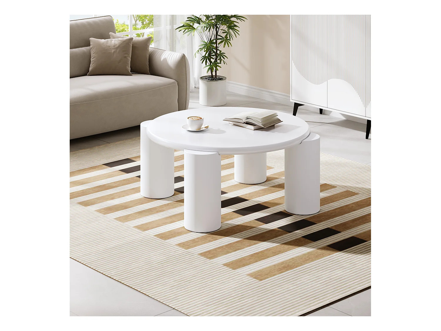 Table basse ronde 70x70x41cm - Table basse blanche avec plateau en MDF et 4 pieds de support - convient pour salon, chambre, balcon