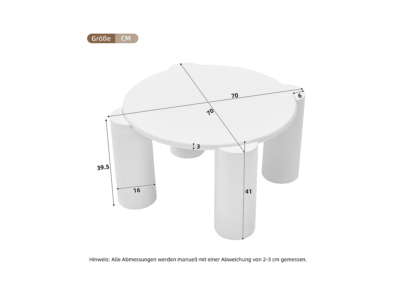 Table basse ronde 70x70x41cm - Table basse blanche avec plateau en MDF et 4 pieds de support - convient pour salon, chambre, balcon