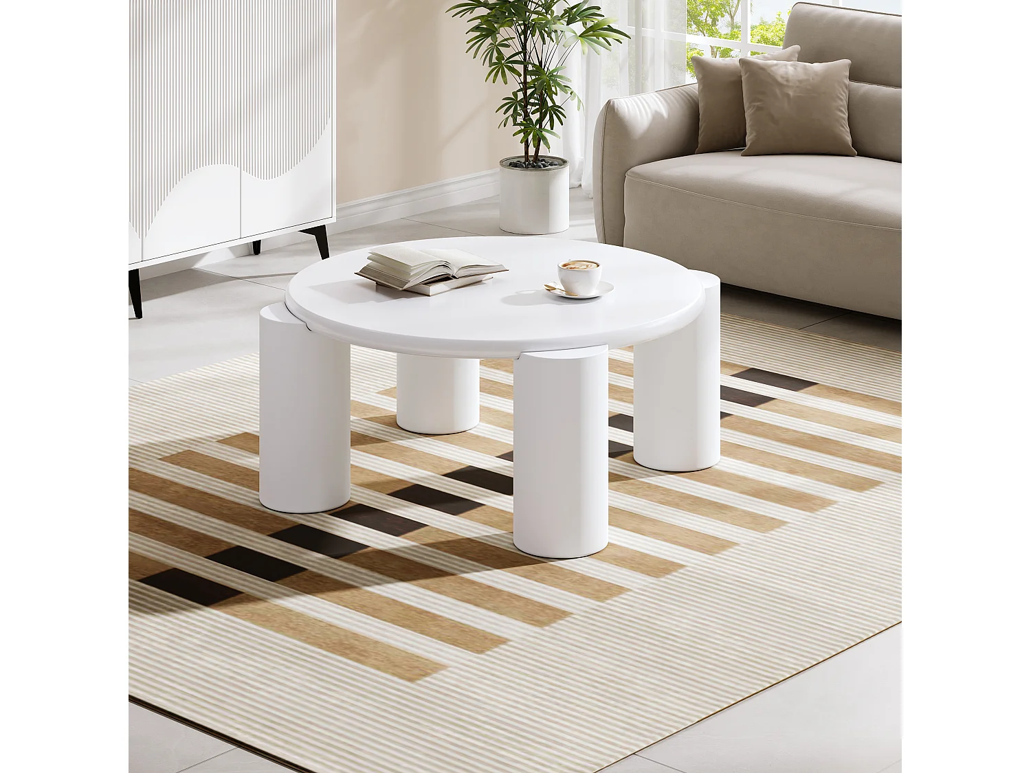 Table basse ronde 70x70x41cm - Table basse blanche avec plateau en MDF et 4 pieds de support - convient pour salon, chambre, balcon