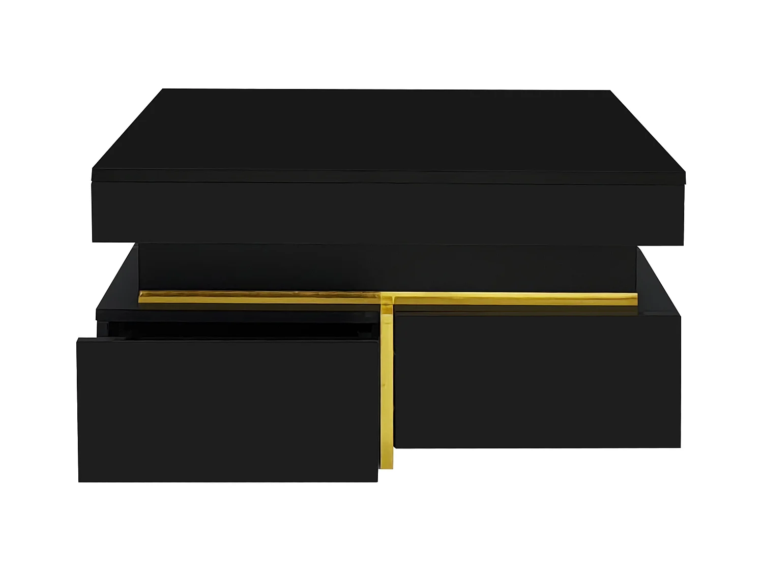 Table basse carrée - Table basse noire avec 2 tiroirs de rangement - Bordure dorée - pour salon et bureau