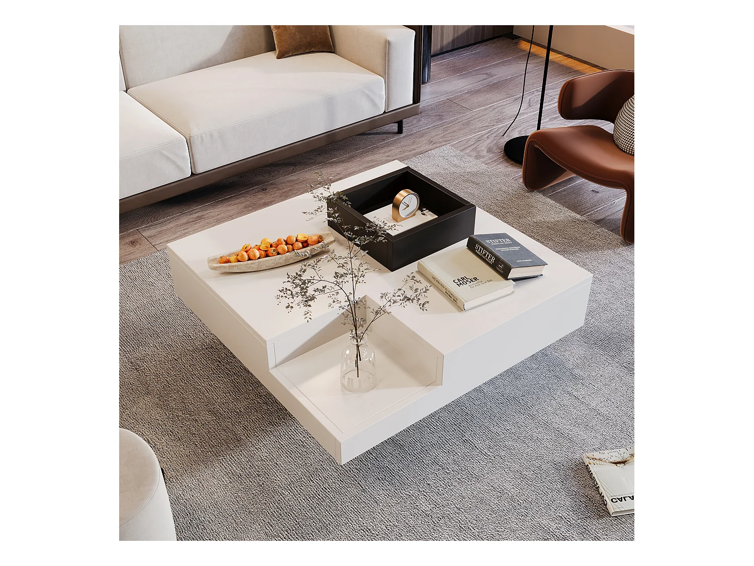 Table basse de salon 72x72x30 cm - Table basse blanche avec coffre de rangement amovible - éclairage LED