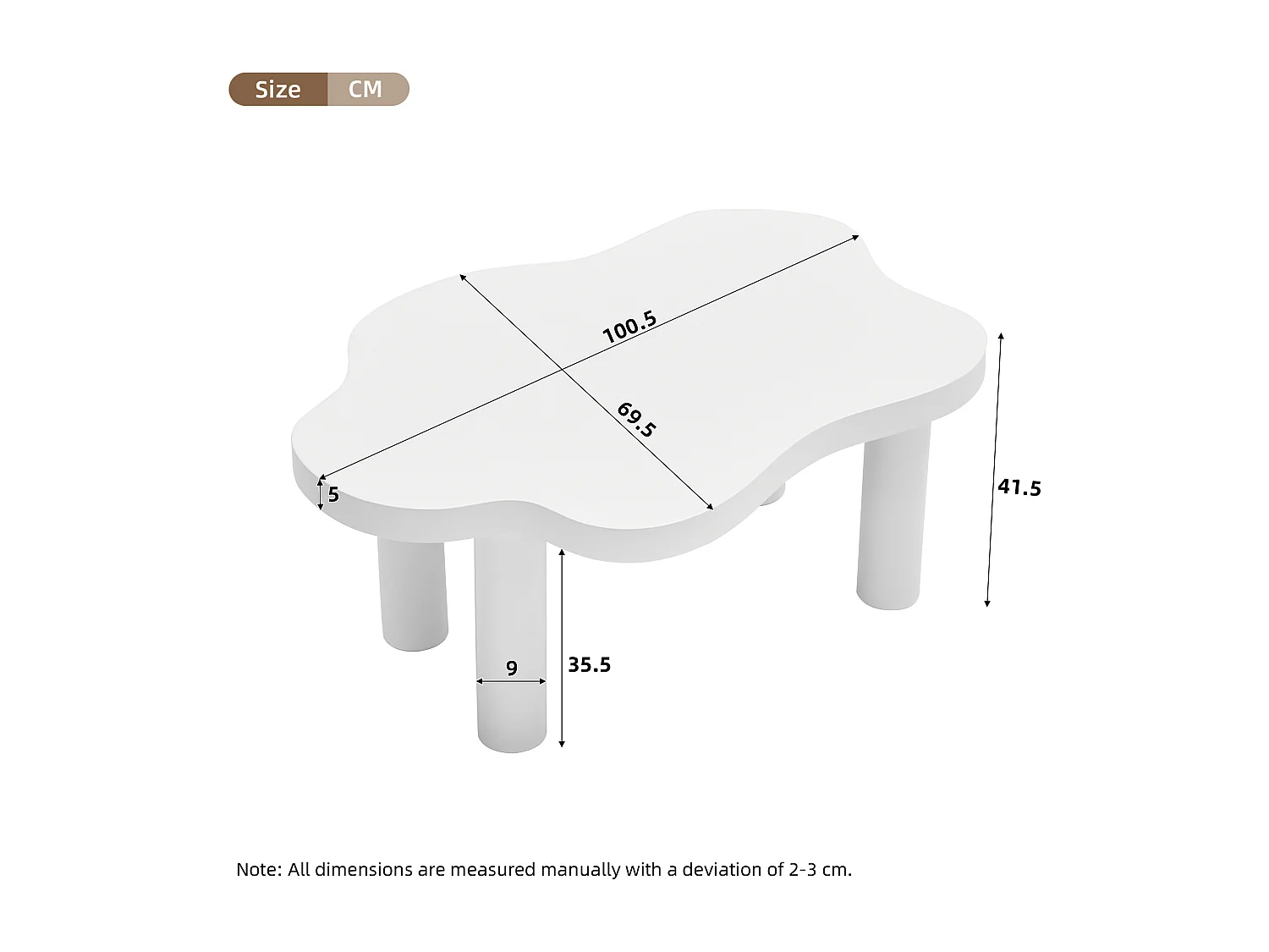 Table basse nuage de salon irrégulière - table basse blanche avec plateau en MDF - 100x70x40 cm