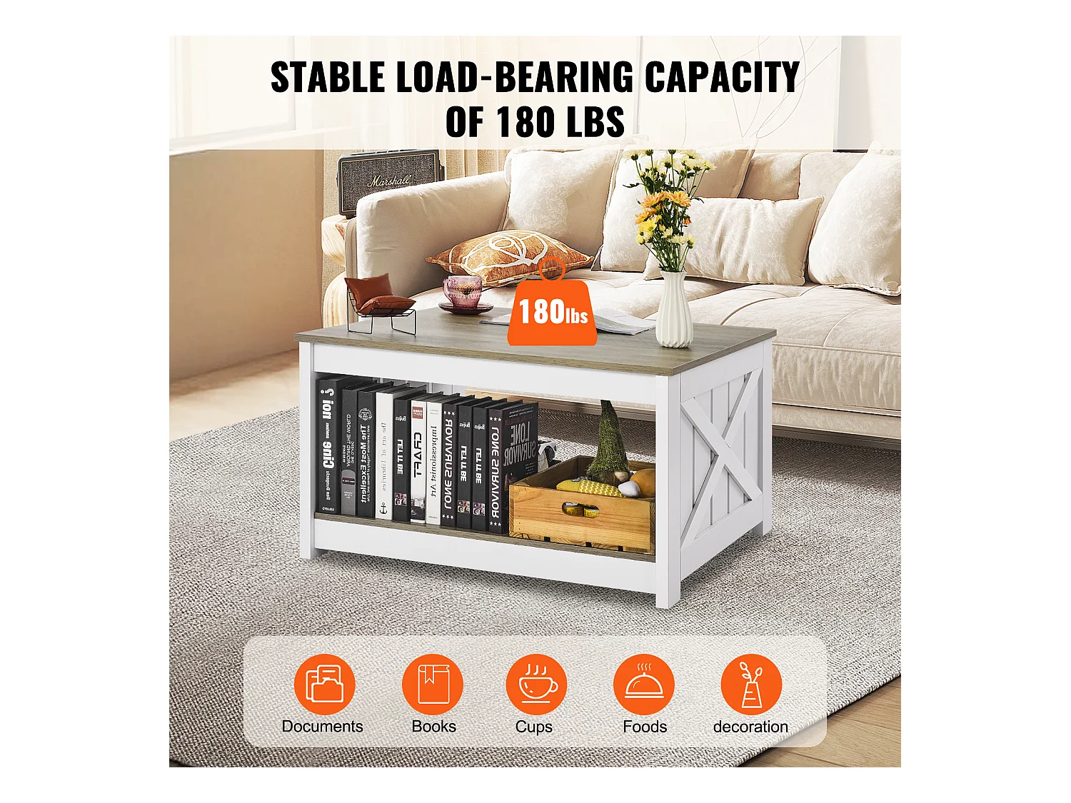 Table Basse SucceBuy 800 mm, Table Basse de Style Campagnard avec Rangement Ouvert, Gris-Blanc, pour Salon, Chambre, Appartement, Studio