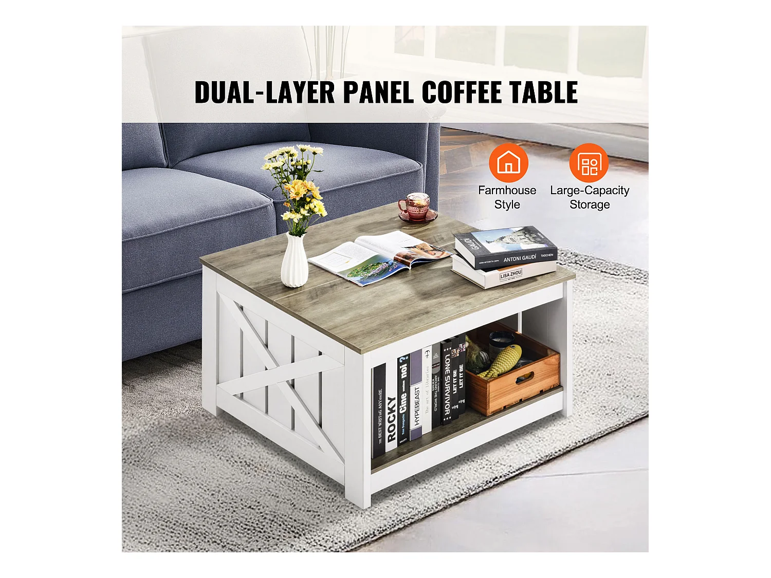 Table Basse SucceBuy 800 mm, Table Basse de Style Campagnard avec Rangement Ouvert, Gris-Blanc, pour Salon, Chambre, Appartement, Studio