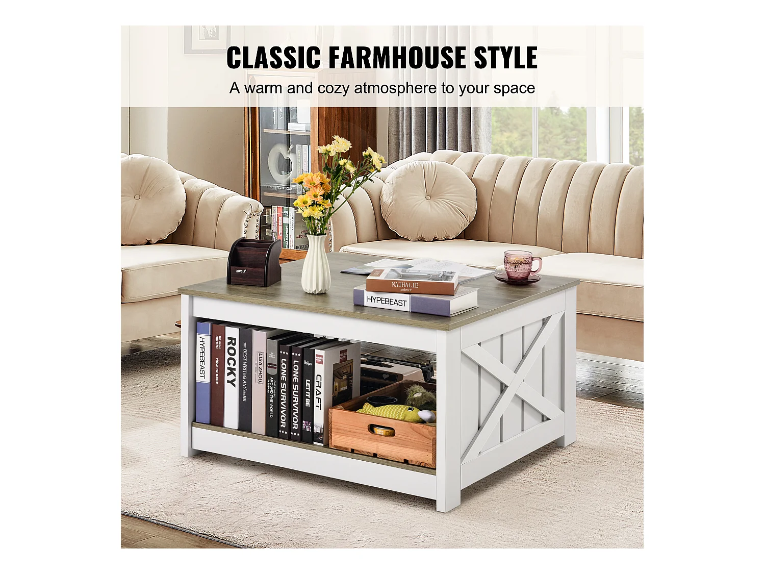 Table Basse SucceBuy 800 mm, Table Basse de Style Campagnard avec Rangement Ouvert, Gris-Blanc, pour Salon, Chambre, Appartement, Studio