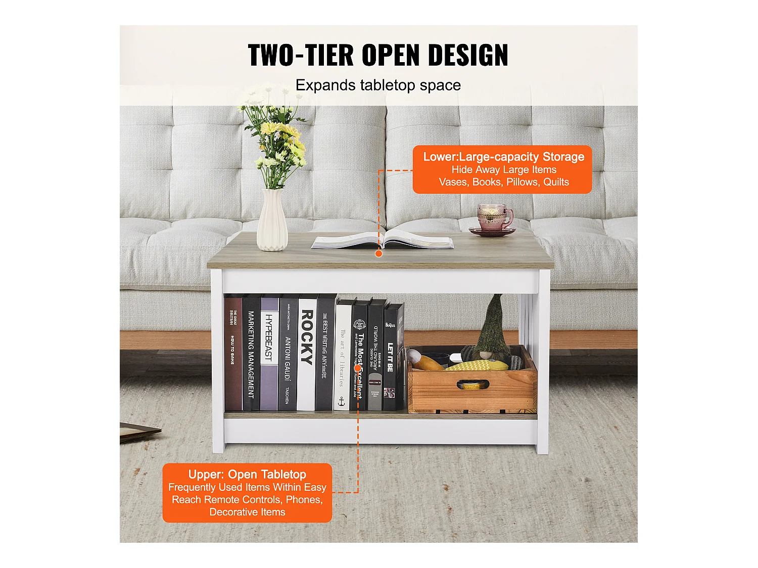 Table Basse SucceBuy 800 mm, Table Basse de Style Campagnard avec Rangement Ouvert, Gris-Blanc, pour Salon, Chambre, Appartement, Studio