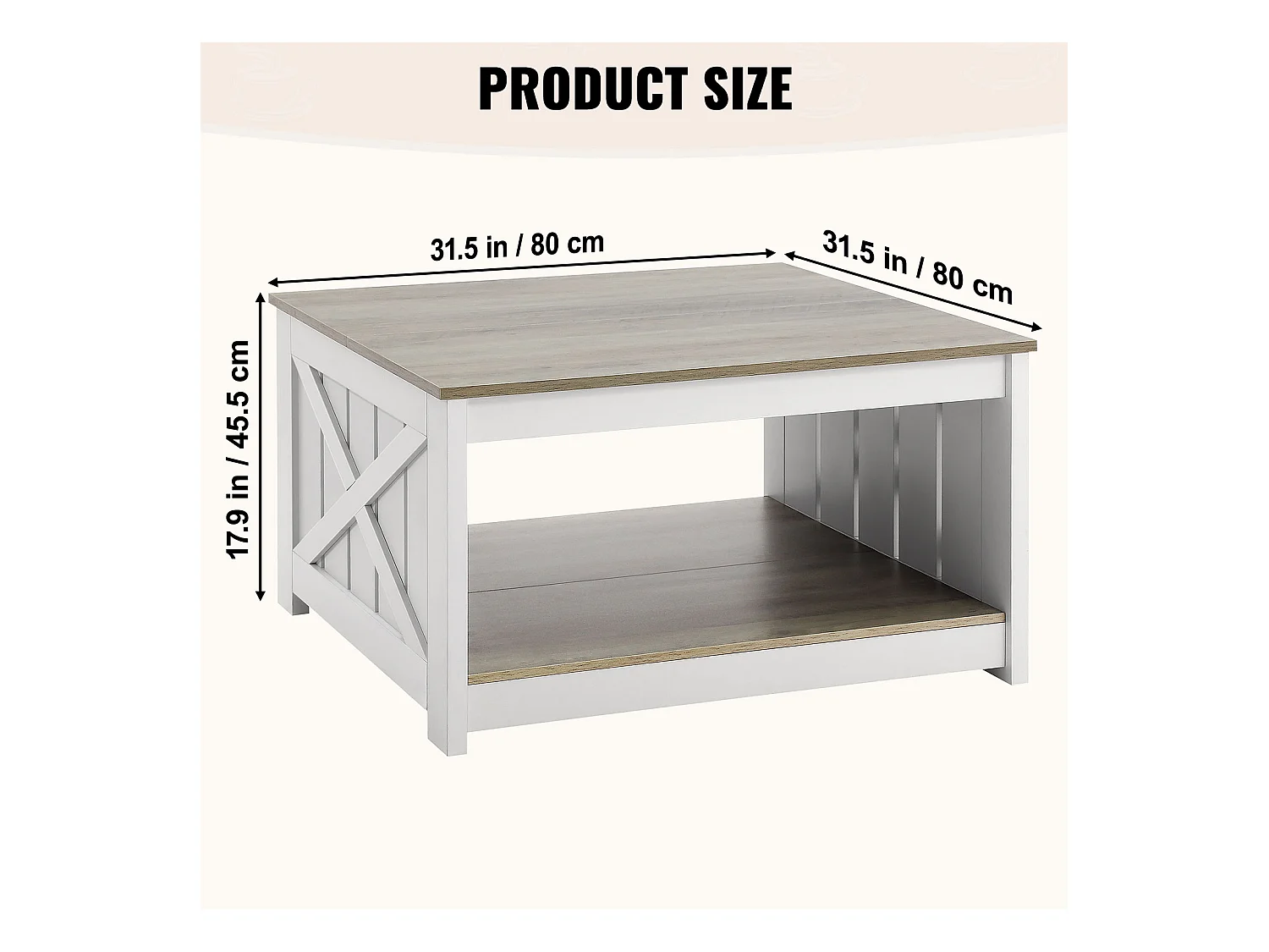 Table Basse SucceBuy 800 mm, Table Basse de Style Campagnard avec Rangement Ouvert, Gris-Blanc, pour Salon, Chambre, Appartement, Studio