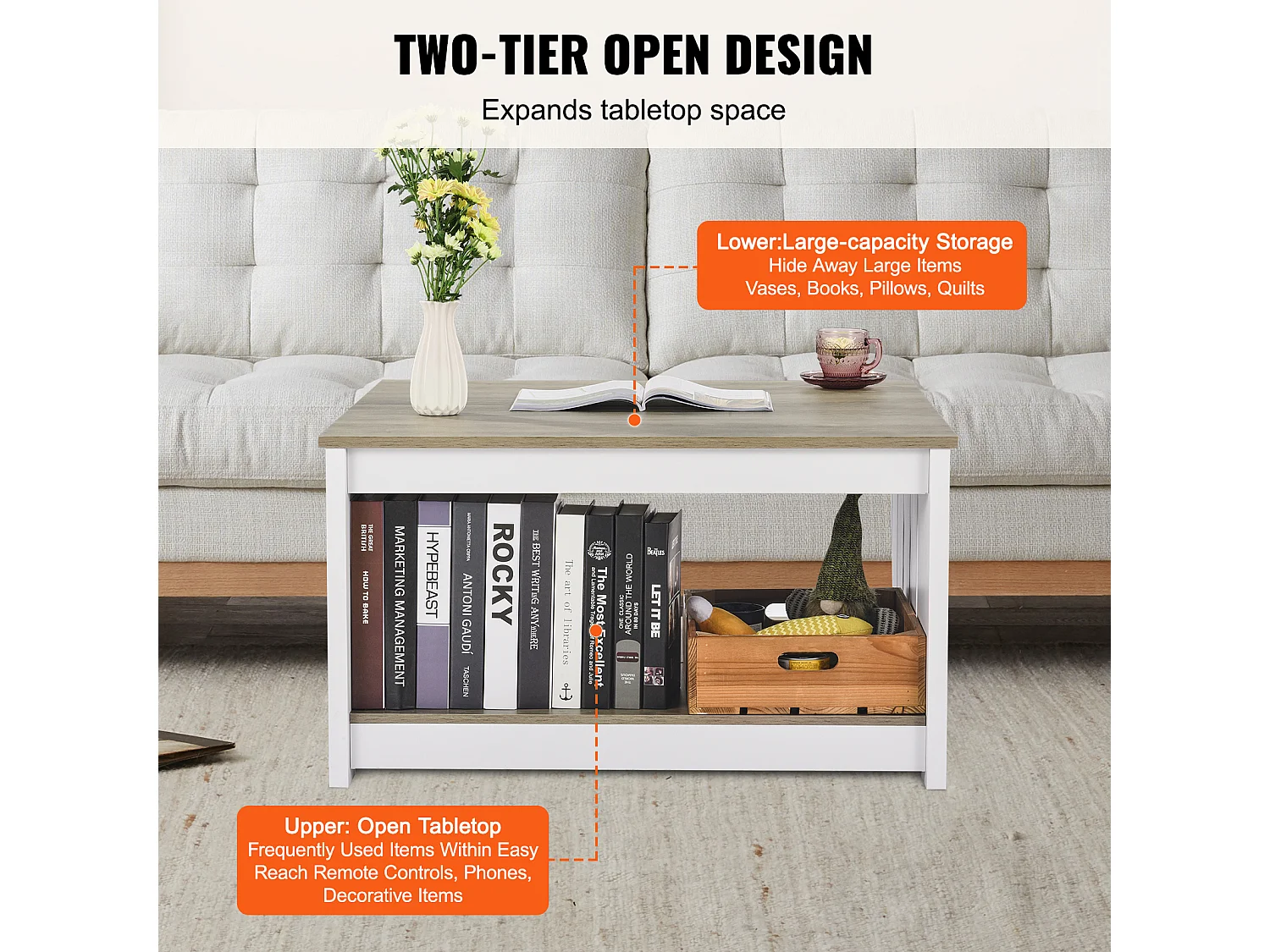 Table Basse SucceBuy 800 mm, Table Basse de Style Campagnard avec Rangement Ouvert, Gris-Blanc, pour Salon, Chambre, Appartement, Studio