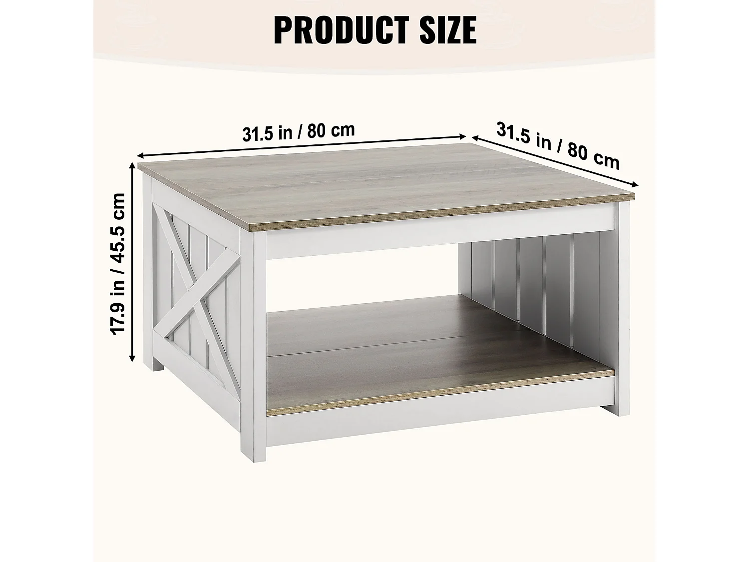Table Basse SucceBuy 800 mm, Table Basse de Style Campagnard avec Rangement Ouvert, Gris-Blanc, pour Salon, Chambre, Appartement, Studio