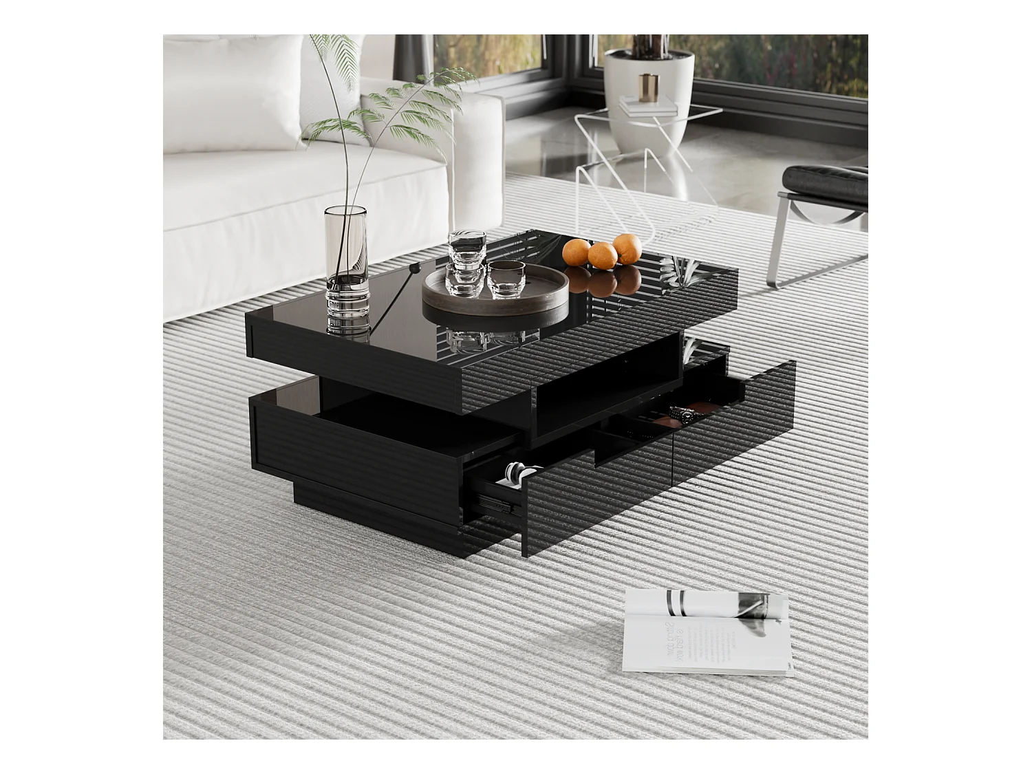 Table basse noire - table basse brillante avec bande lumineuse LED - 4 tiroirs - pour le salon et le bureau