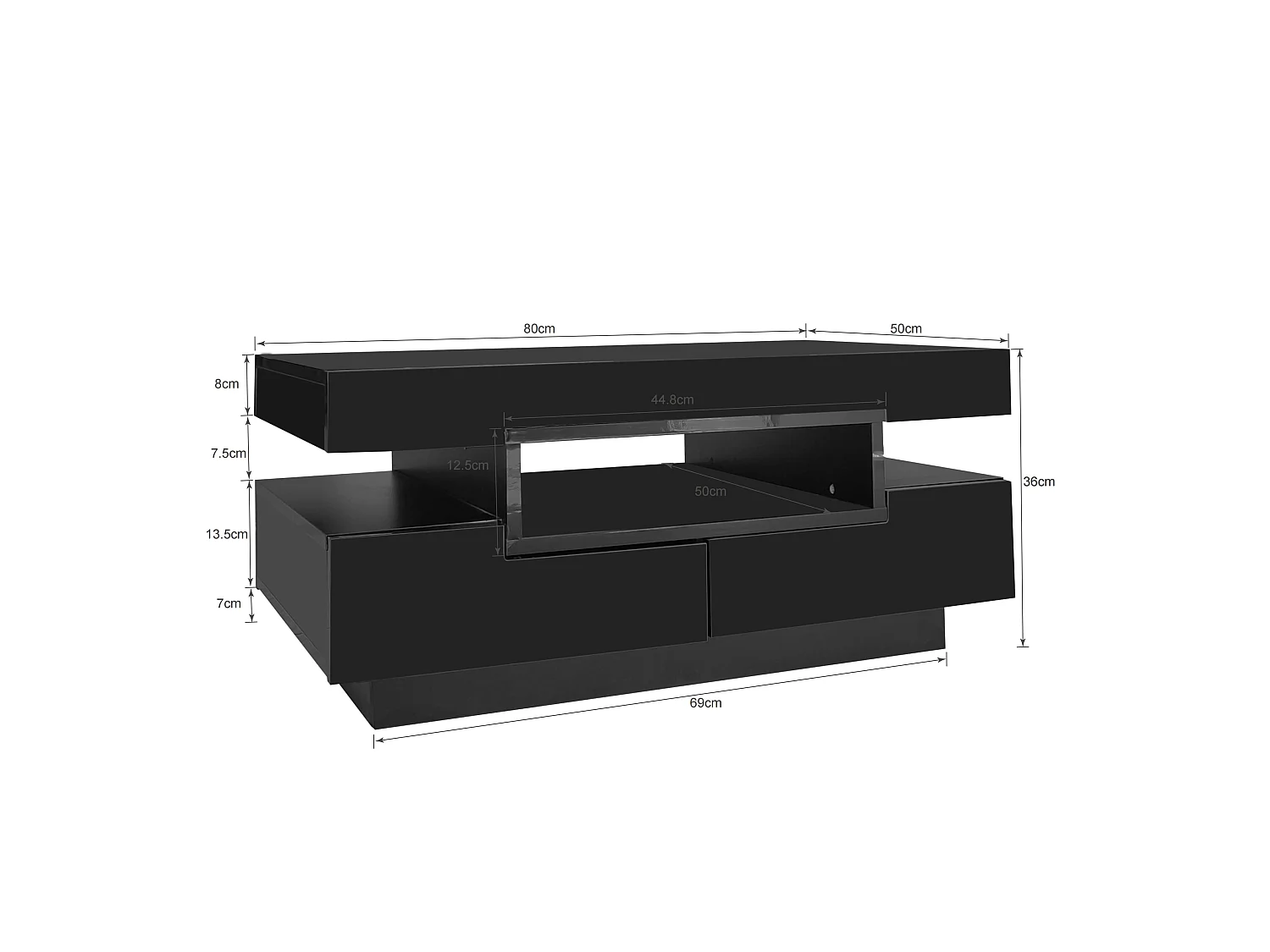 Table basse noire - table basse brillante avec bande lumineuse LED - 4 tiroirs - pour le salon et le bureau