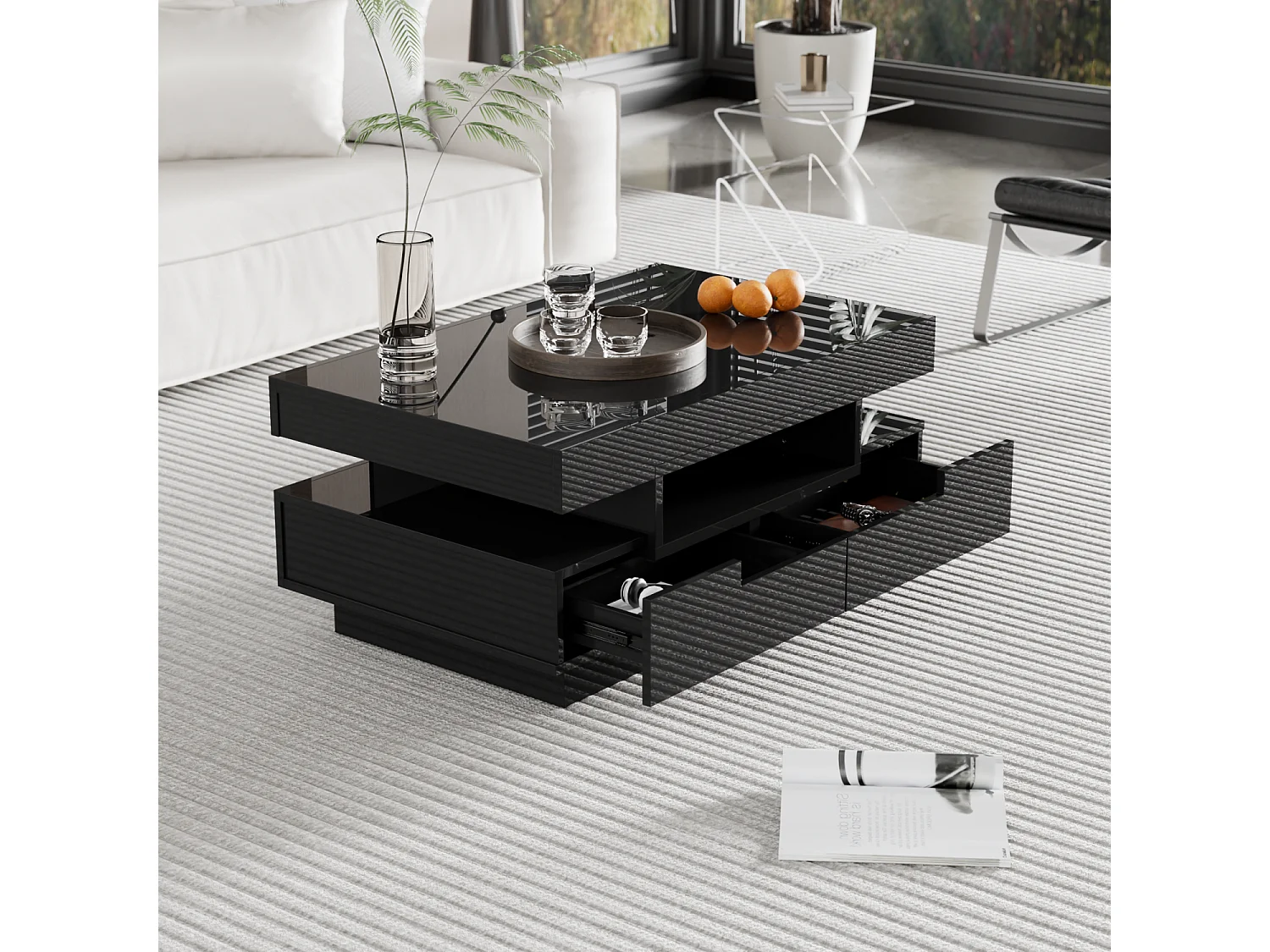 Table basse noire - table basse brillante avec bande lumineuse LED - 4 tiroirs - pour le salon et le bureau