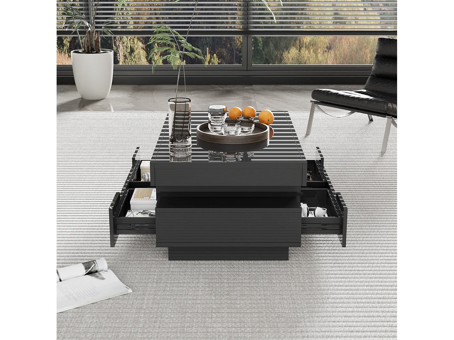 Table basse noire - table basse brillante avec bande lumineuse LED - 4 tiroirs - pour le salon et le bureau