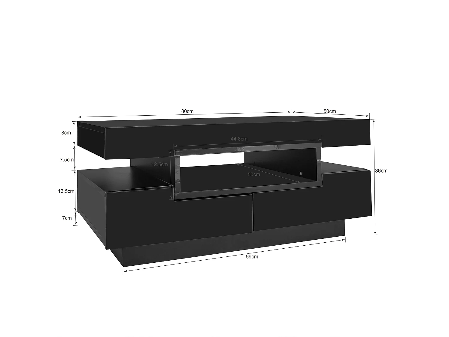 Table basse noire - table basse brillante avec bande lumineuse LED - 4 tiroirs - pour le salon et le bureau